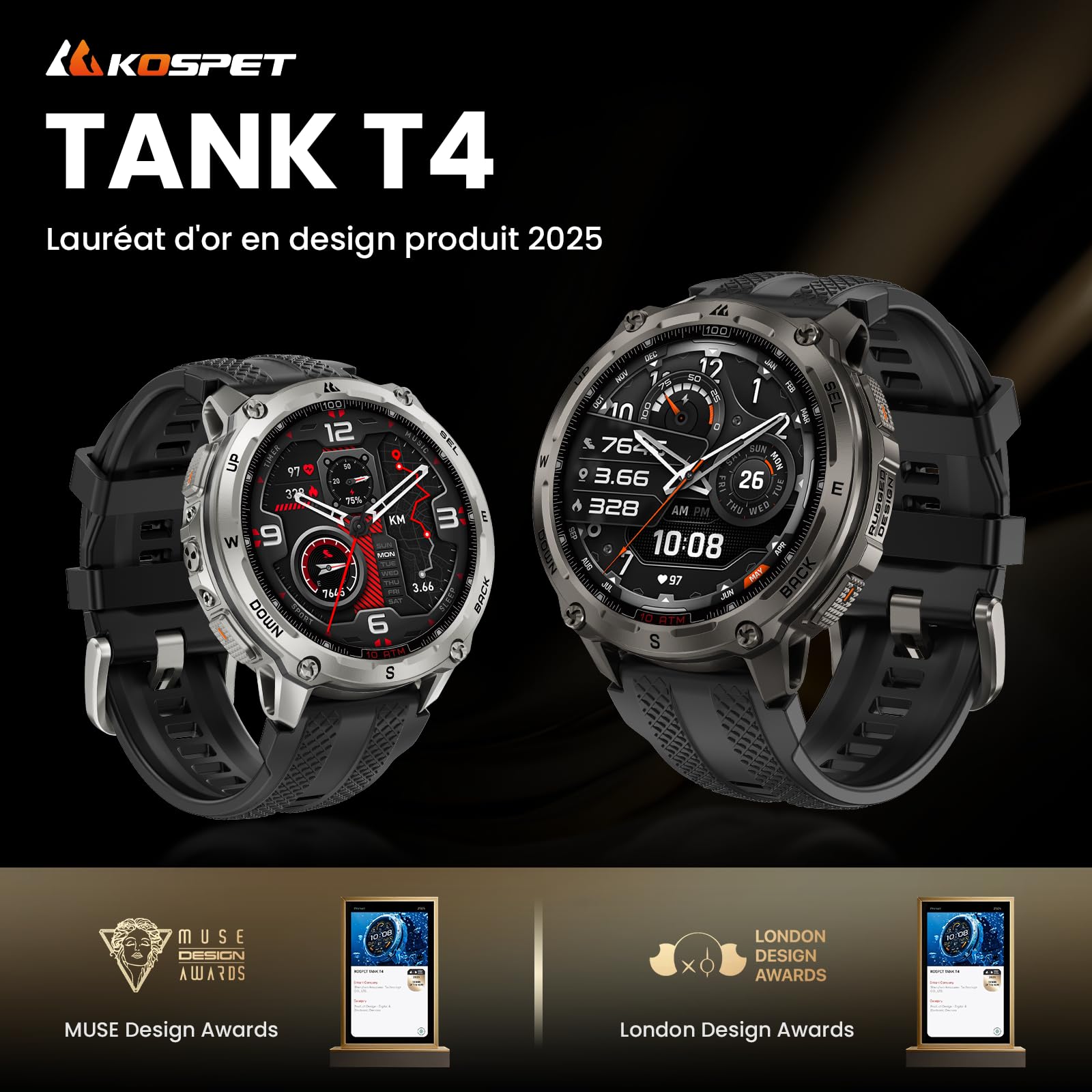 KOSPET Tank T4 GPS Montre Connectée Homme, Cartes Hors Ligne & Talkie-Walkie, Étanchéité 10ATM (Plongée 45M), Acier Inoxydable, Appels Bluetooth, Surveillance Santé 24/7, Compatible Android et iOS