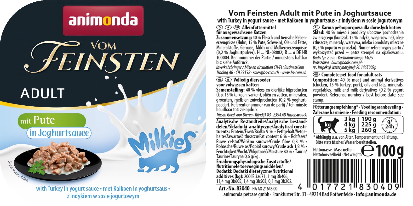 animonda vom Feinsten Comida húmeda para Gatos con Pavo en Salsa de Yogur (32 x 100 g), sin Cereales, Comida húmeda para Gatos sin azúcar, con Ingredientes Frescos y carnosos