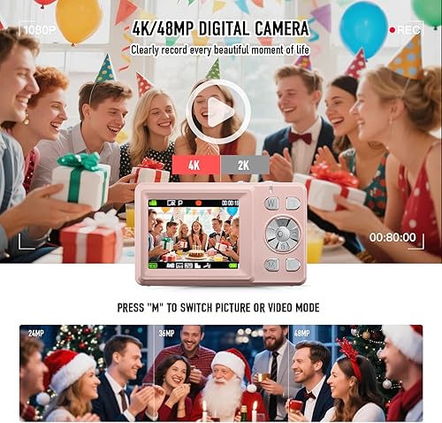 Miniatura 5 de Cámara digital, 4K 48MP con enfoque automático y pantalla dual para selfies, zoom 18X, luz de relleno, cámara portátil de punto y disparo