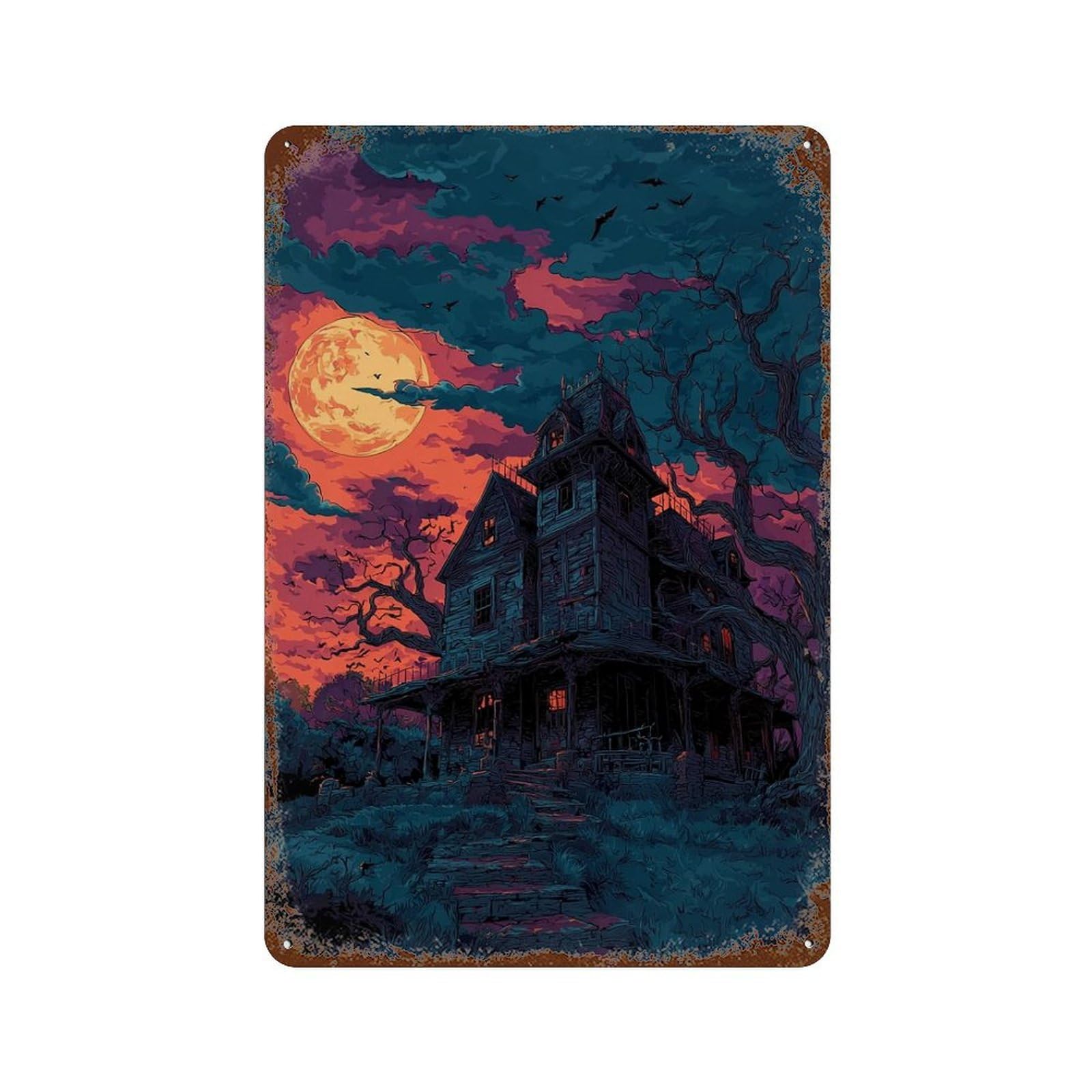 Halloween Haunted House -11 11.8"x7.9" Aged Metal Wall Plaque, Classic Wall Plaque for Basement, Hobby Room And Garage Decor