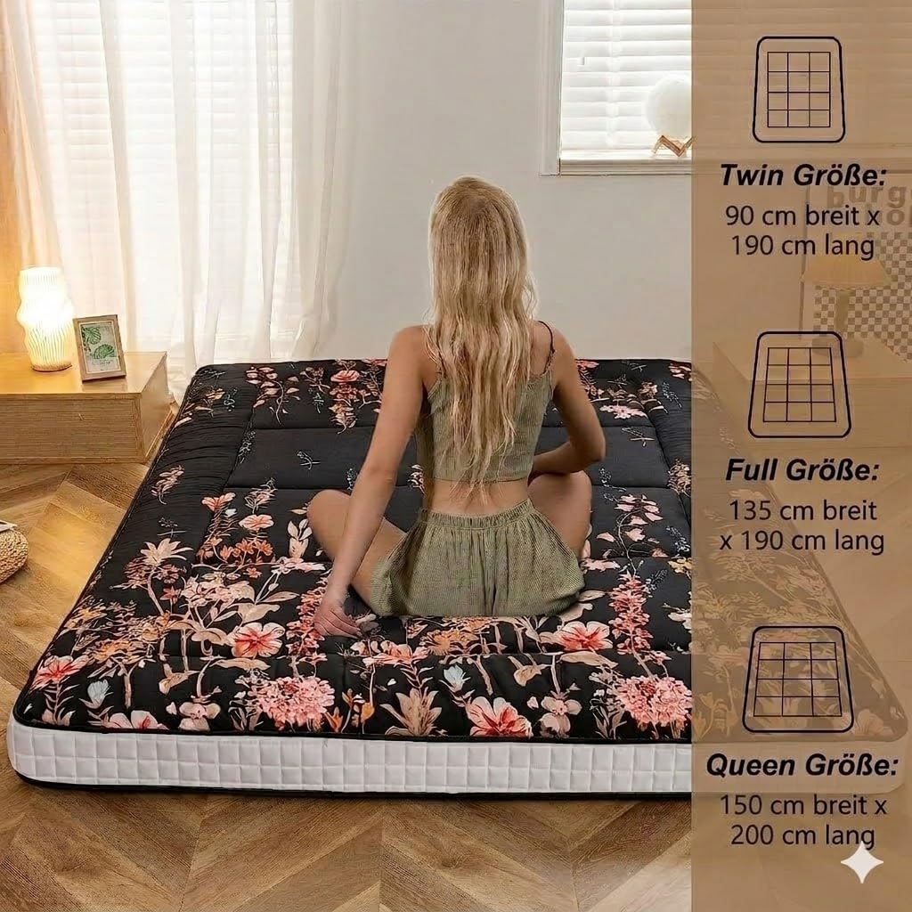 Maxyoyo Materasso futon, materasso da pavimento giapponese, trapuntato, extra spesso, pieghevole, traspirante, letto per gli ospiti, letto da campeggio (nero, floreale, king size)