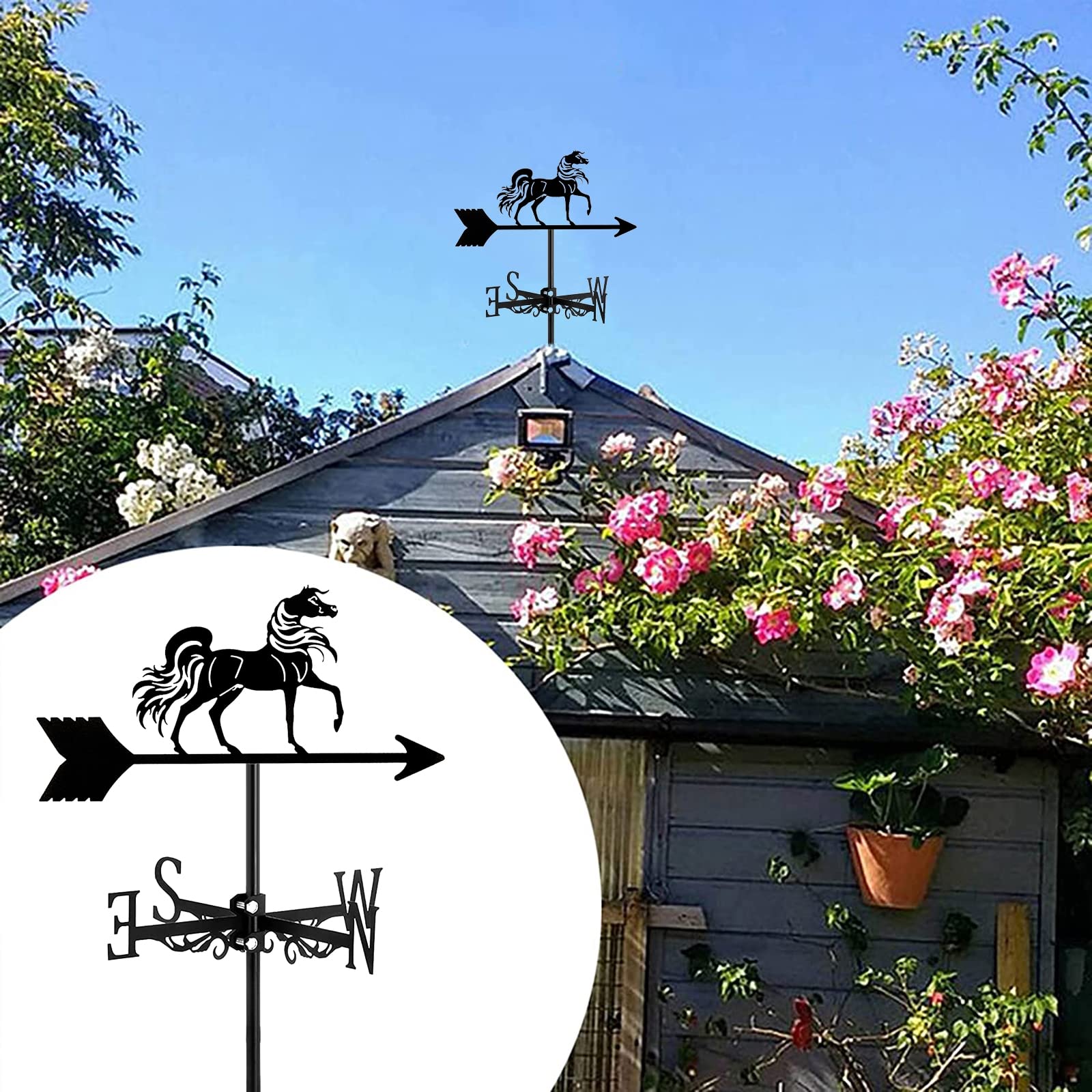 MERCU Cavallo Segnavento da Tetto per Fattoria, banderuola in Metallo con Ornamento di sagoma di Animali Indicatore di direzione Scena di Paletto da Giardino