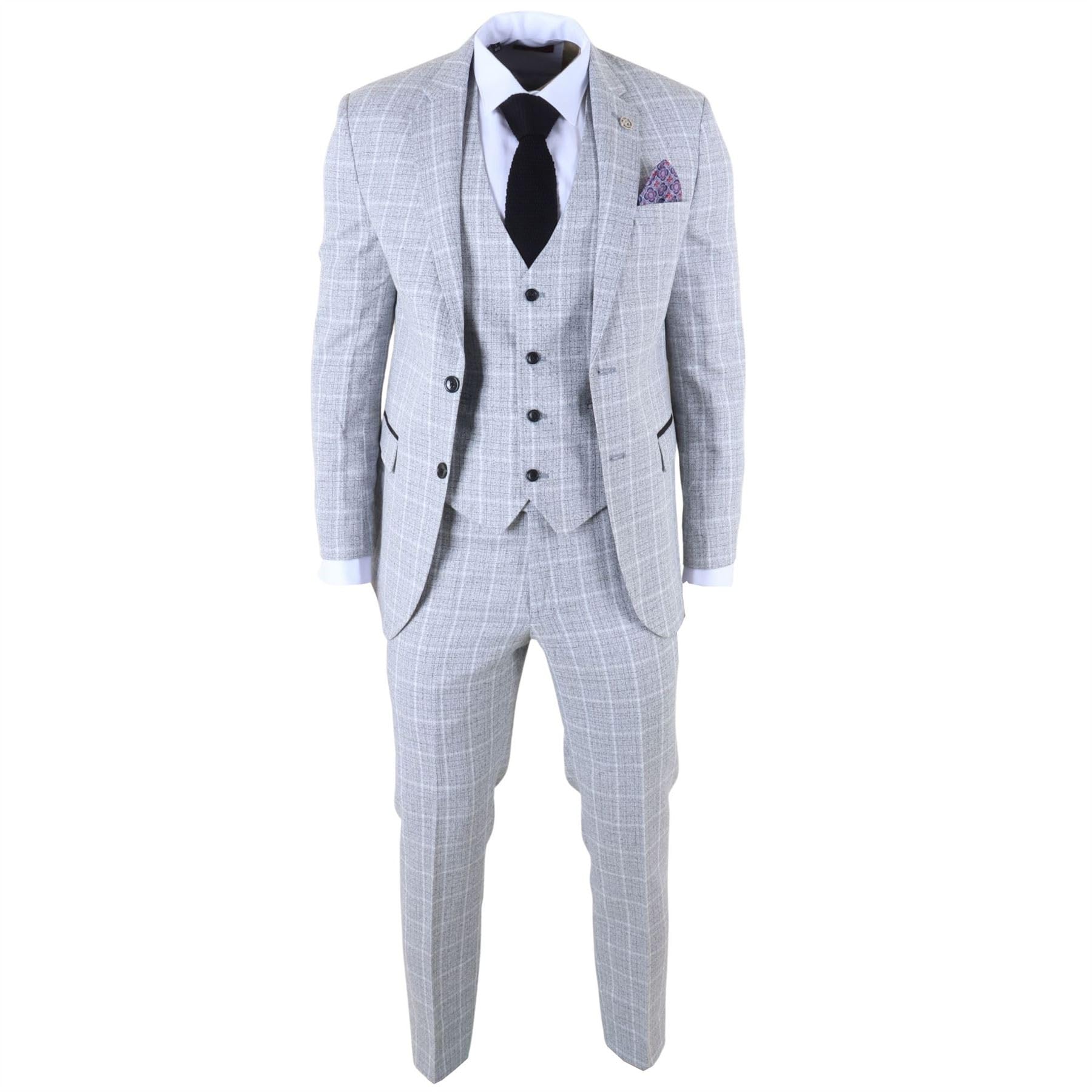 Truclothing Men's Grey 3 Piece Check Suit Tailored Fit Formal Dress Suits - 48