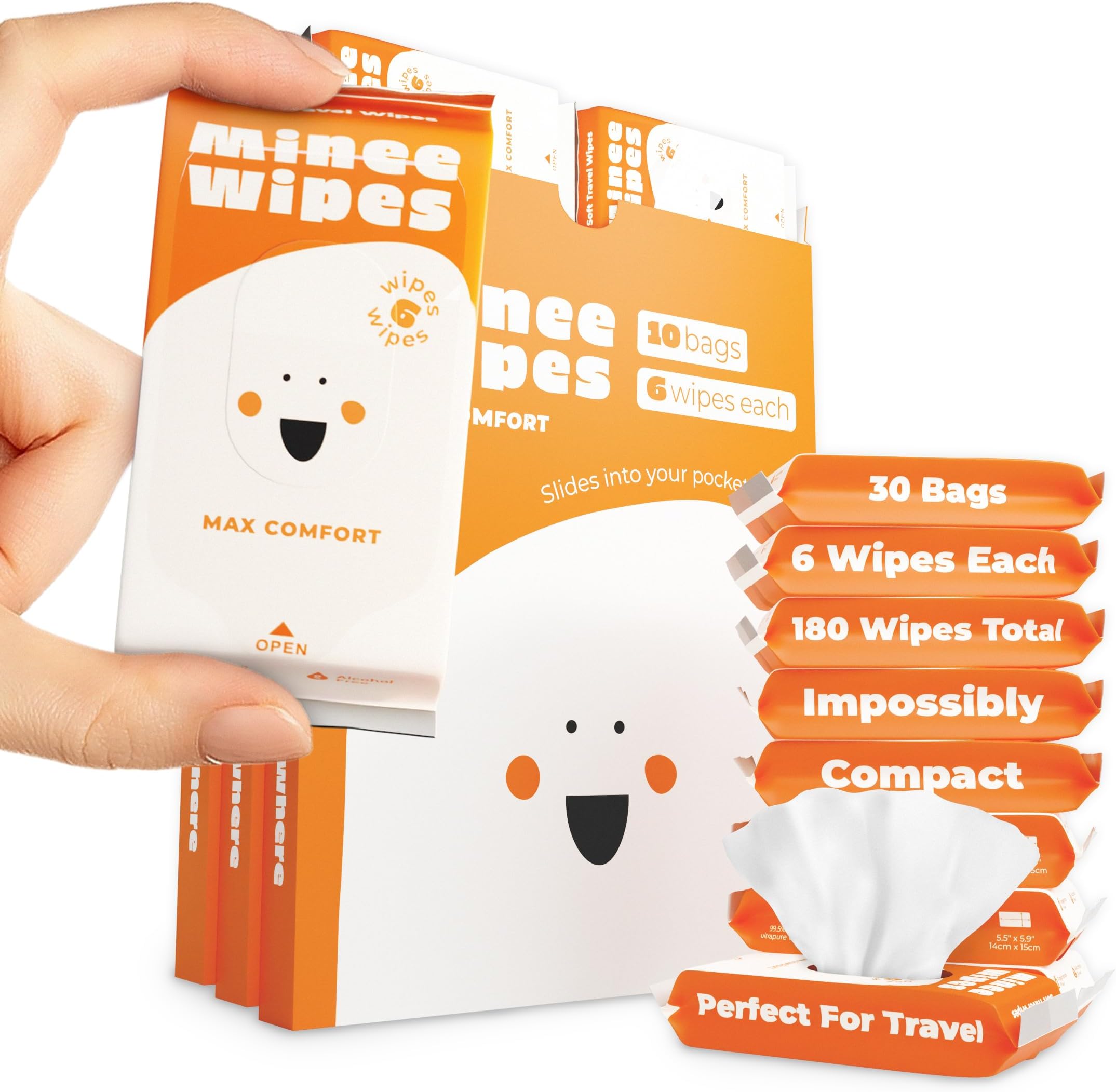 Impossibly Compact Travel Wipes - 99.5% Water - Safe for Sensitive Skin, Hypoallergenic & Unscented - Resealable, Thick & Durable - For Adults, Kids & Baby Care - 30 Pack Total 180 Wipes