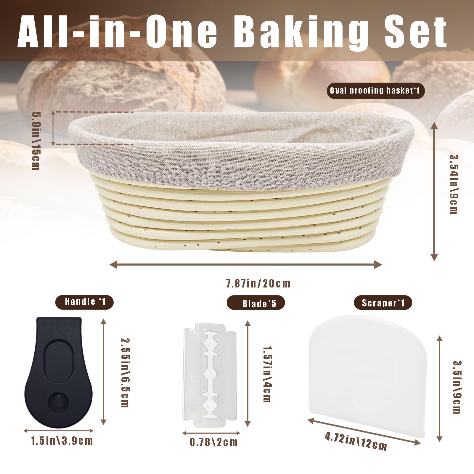 Cestino Lievitazione Pane Ovale 25cm con Taglierino per Pane,Tela di Lino,Cesto Lievitazione per Impasto,Pizza,Banneton Ovale per Panettieri Artigianali e Professionisti