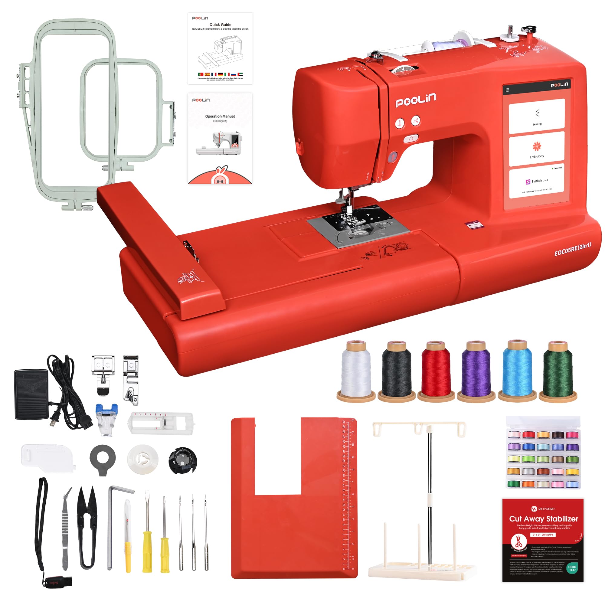 PooLin EOC05 2 in 1 Näh- und Stickmaschine – Rot – Elektronische Stickmaschine – 7″ LCD-Touchscreen, Rahmen 10×10 cm und 10×23,5 cm, USB/Wi-Fi-Motivimport, ideal für Anfänger und Experten