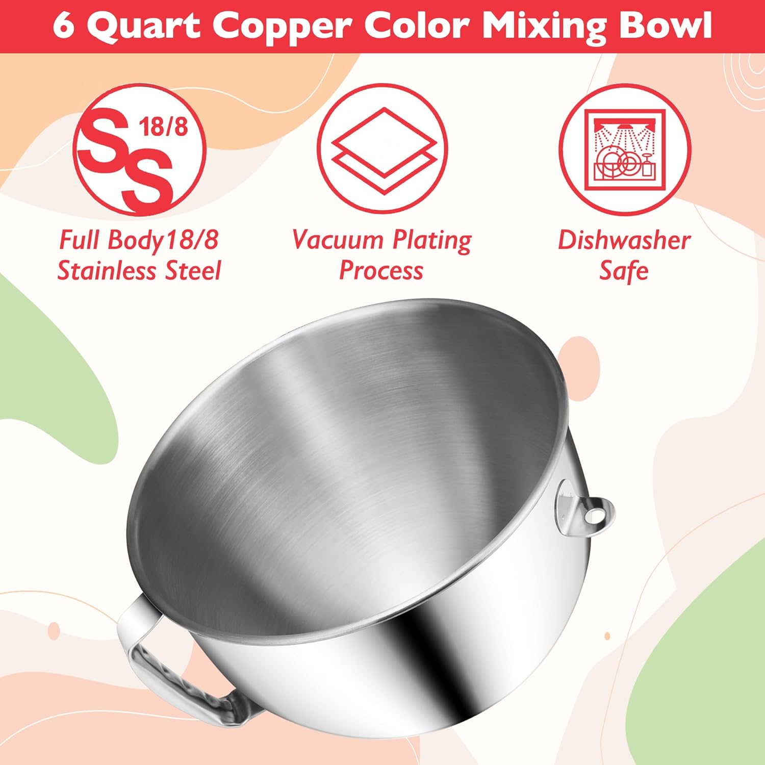 18/8 Stainless Steel 6 Quart Mixing Bowl for Kitchen Aid Professional Bowl Lift Stand Mixer, Heavy Duty Extra Mixer Bowl fits KP26, KB26, Dishwasher Safe, Ergonomic Handle, Silicone Scraper