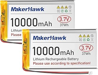 MakerHawk 3.7V 10000mAh LiPo Battery Rechargeable 1S 3C Lithium Polymer Batteries with Protection Board Insulated Rubber Tape, PH2.0 Plug for Arduino ESP32 Board RPI UPS (2 Pack)