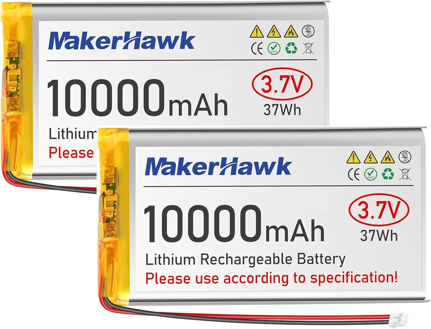 MakerHawk 3.7V 10000mAh LiPo Battery Rechargeable 1S 3C Lithium Polymer Batteries with Protection Board Insulated Rubber Tape, PH2.0 Plug for Arduino ESP32 Board RPI UPS (2 Pack)