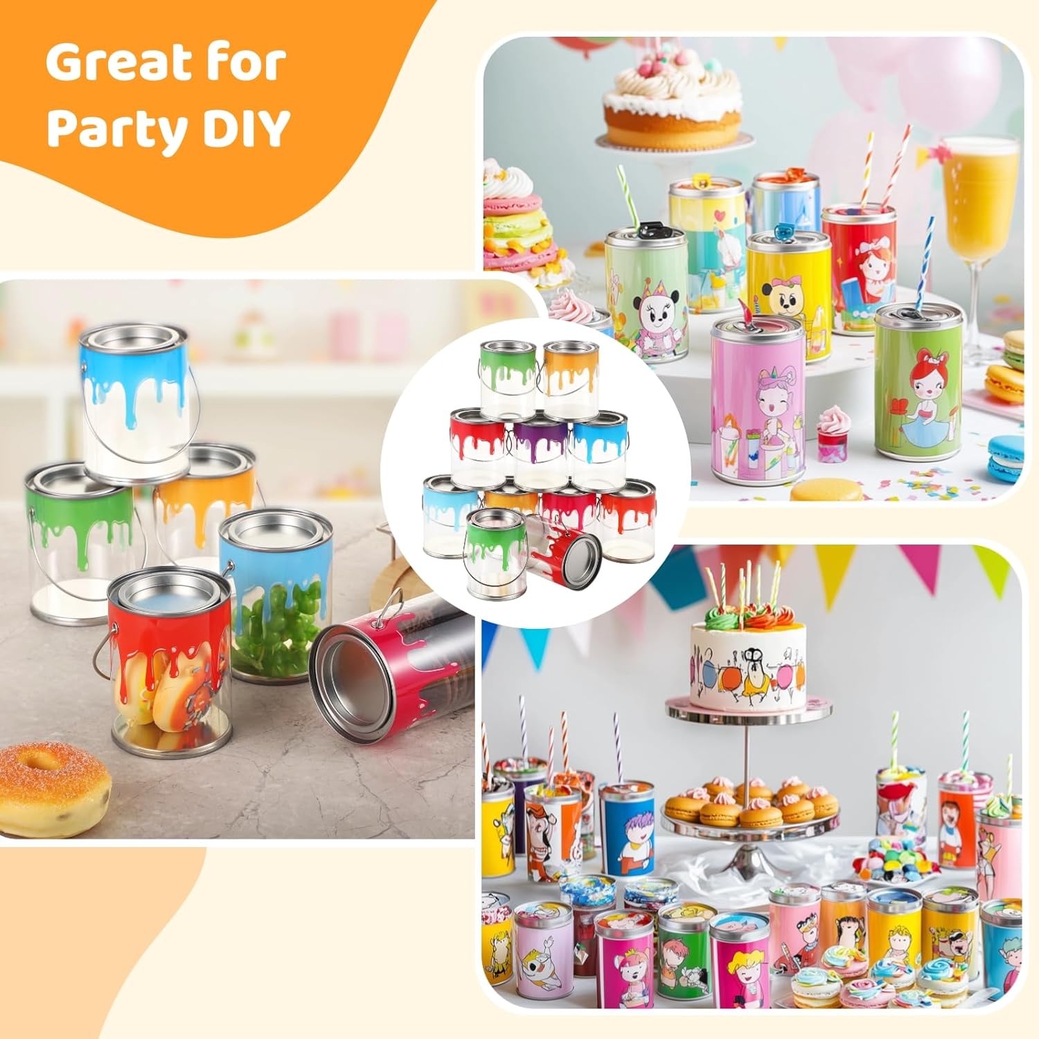 24 PCS Plastic Empty Paint Cans Buckets with Metal Lids - PVC Mini Paint Cans, 8 Colors Ideal for Art Parties Weddings Birthdays Picnics