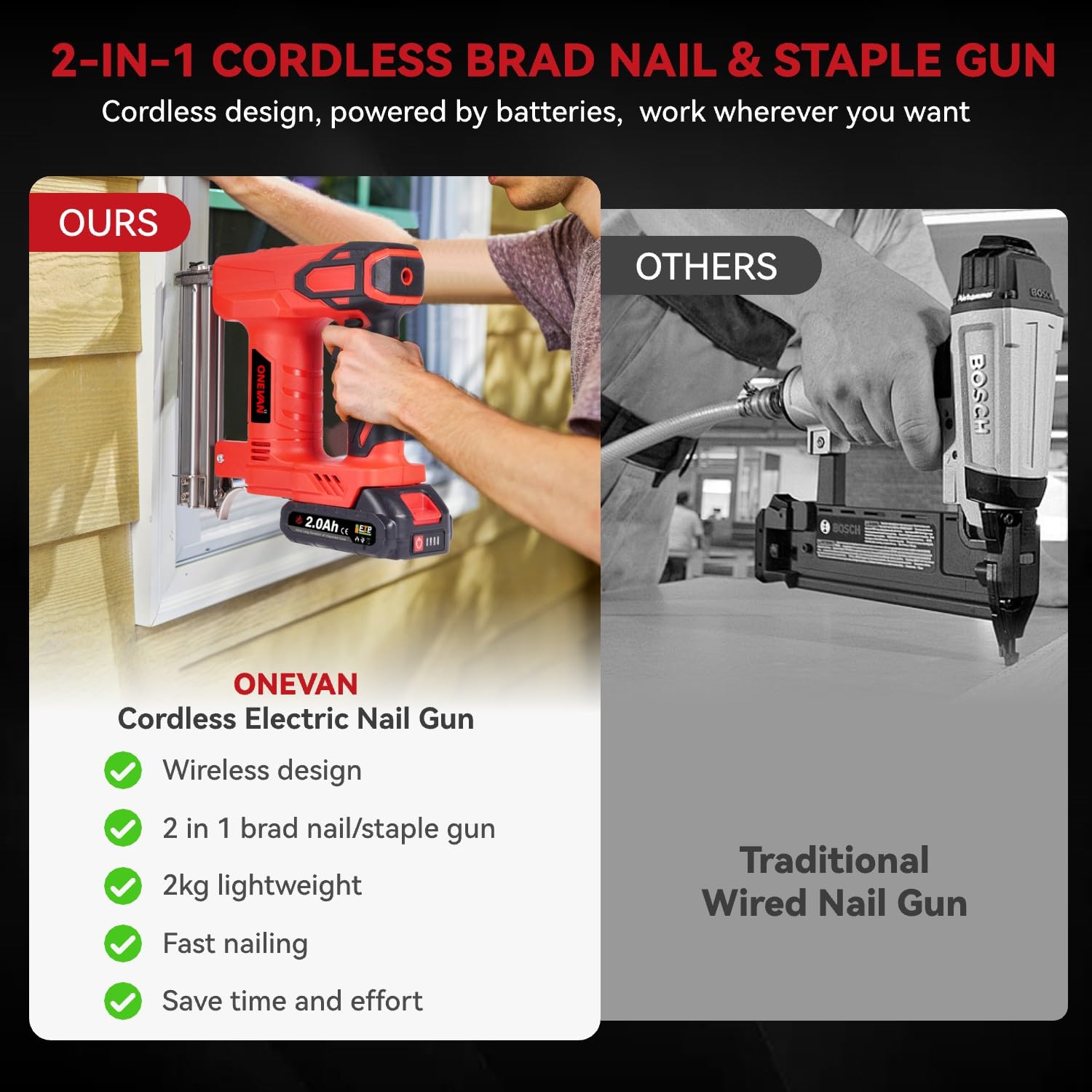 ONEVAN Grapadora y pistola de uñas, 2 en 1 grapadora eléctrica y clavadora con batería con 2 baterías de 2000 mAh, 80 clavos/min, grabadora de uñas para madera, incluye 100 clavos de 30 mm y 100