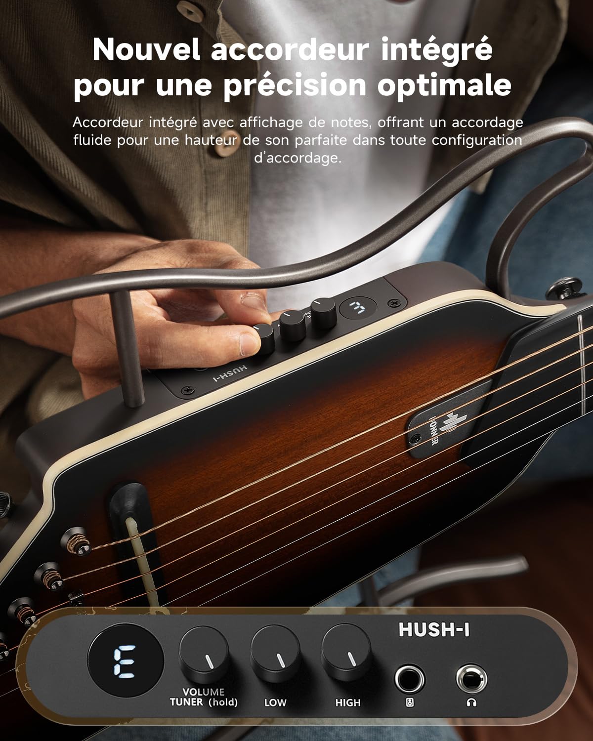Donner HUSH I EVO2 Guitare Acoustique-Électrique de Voyage, Ultra-Légère, Sans Tête, avec Accordeur Intégré, Supports Amovibles et Sortie Casque – Sunburst
