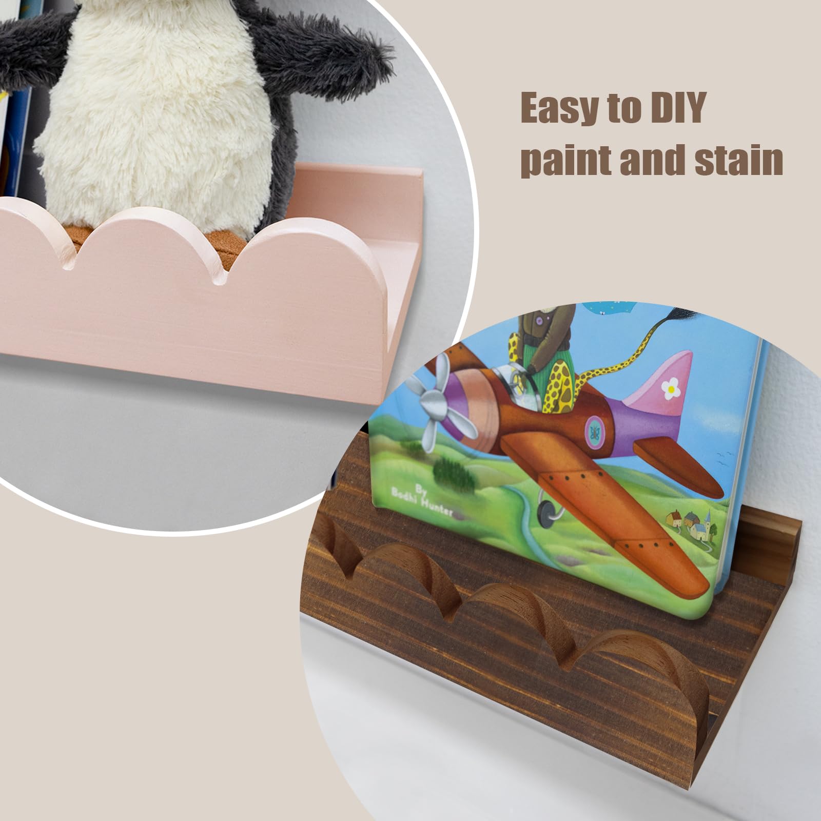 Estantes festoneados para guardería, estantes de pared para libros de pared para dormitorio, niños, estantería de guardería para pared, juego de 4, estantes flotantes para libros de