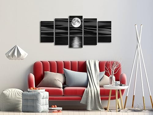 Miniatura 9 de Wieco Art Lienzo impreso con diseño de luna llena en la noche, diseño de playa en blanco y negro para sala de estar, dormitorio, cocina, decoración