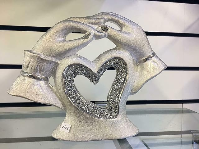 Silver Small Two Heart in Hands Sparkle Ornament Bling Crushed Diamond Gift | CRYSTALLIZED Small Two Heart in hands |Handmade Craft | Crushed Diamond Display | Gift Present for all occasion Home Decor