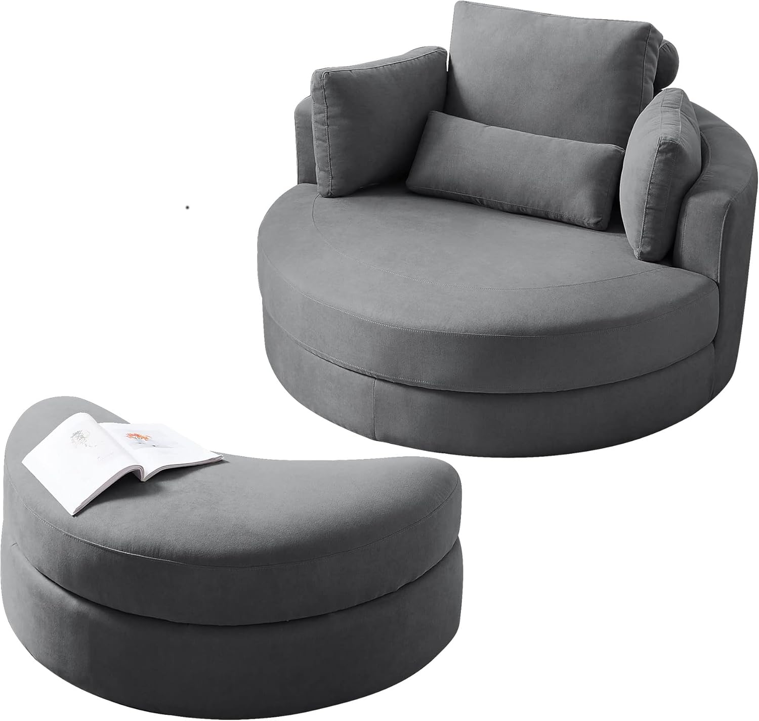 Familymill Linen Accent Swivel Barrel Sofa Chair/Big Round Club Lounge Chair with Storage Ottoman and Pillows for Living Room/Bedroom/Office Dark Grey