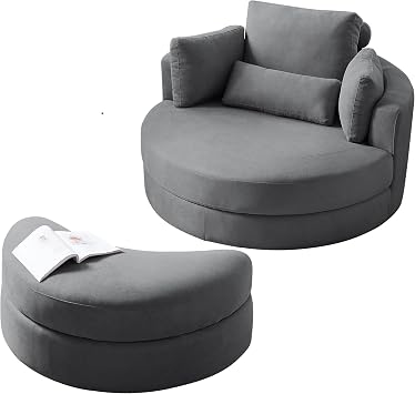 Linen Accent Swivel Barrel Sofa Chair/Big Round Club Lounge Chair with Storage Ottoman and Pillows for Living Room/Bedroom/Office Dark Grey