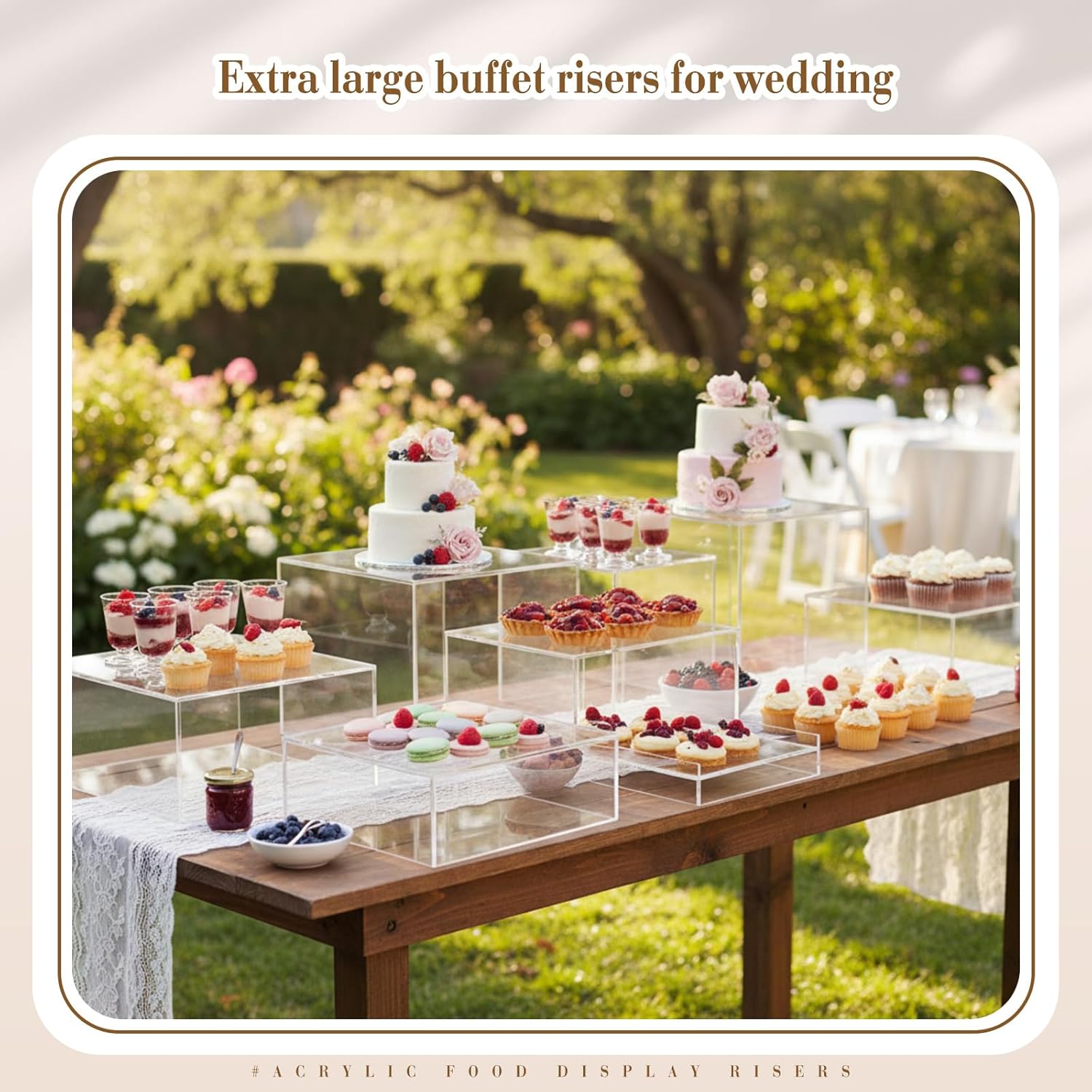 Leinuosen 7 Pcs Extra Large Buffet Risers Set 8" to 14" Acrylic Display Box Square Catering Dessert Table Riser Food Display Decorative Stand with Hollow Bottom for Catering Supplies(Clear)