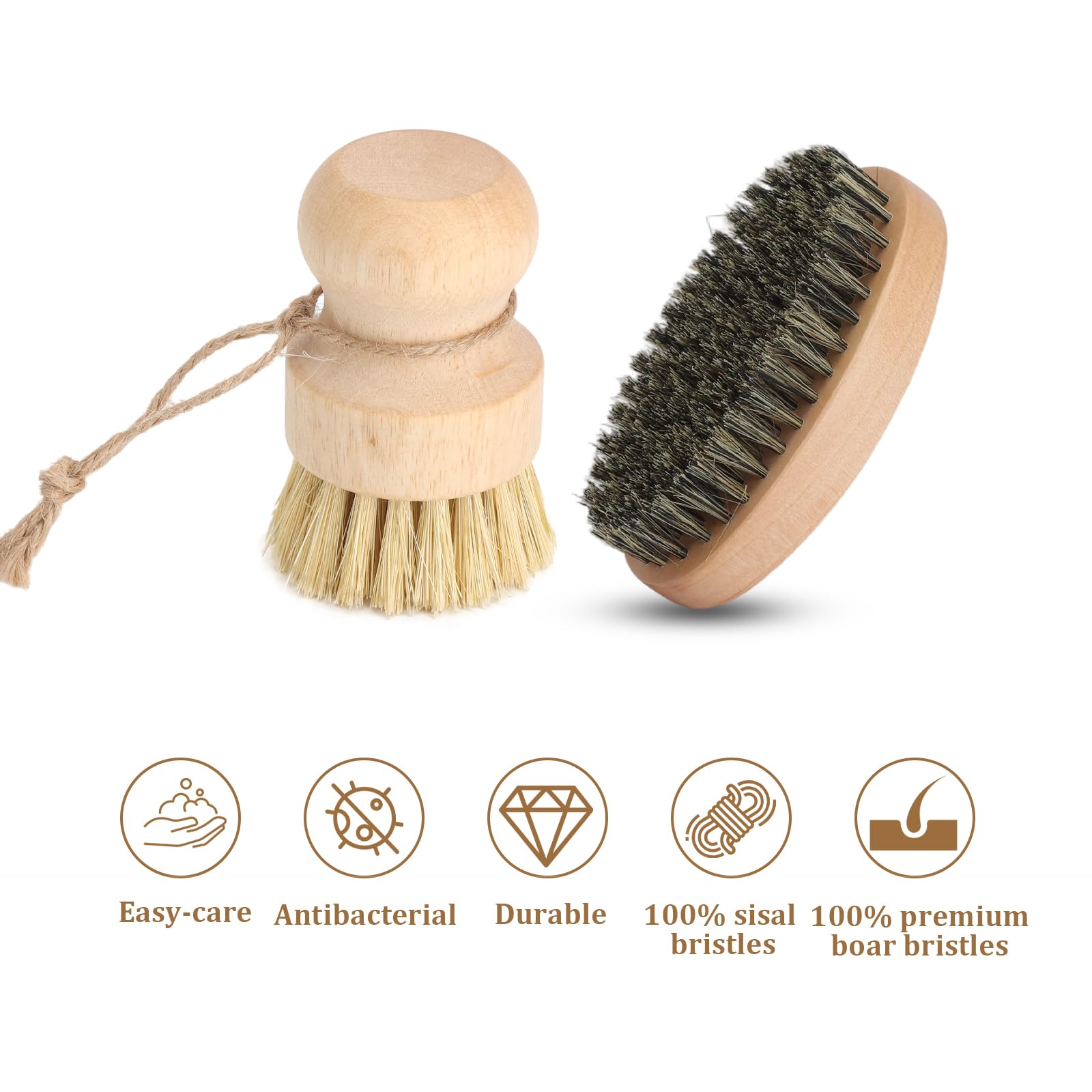 Lot de 2 Brosses de Cuisine en Bois Naturel, Brosse à Légumes et Brosse à Casseroles Antimoisissure
