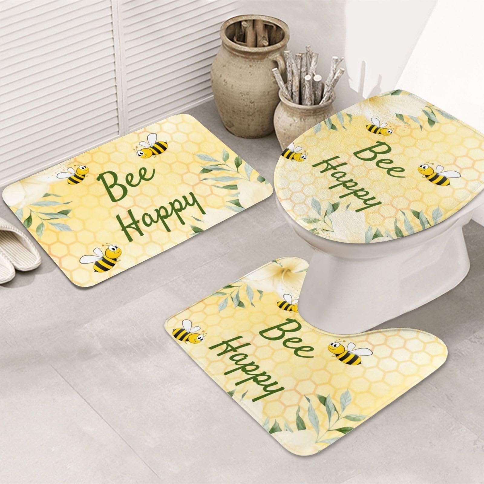 Bee Happy Bumble Bees Yellow 3Pcs Bath Mat Set, U-Shape Contoured Mat, Toilet Lid Cover, Anti-Slip, Non-Slip, For Bathroom, Indoor