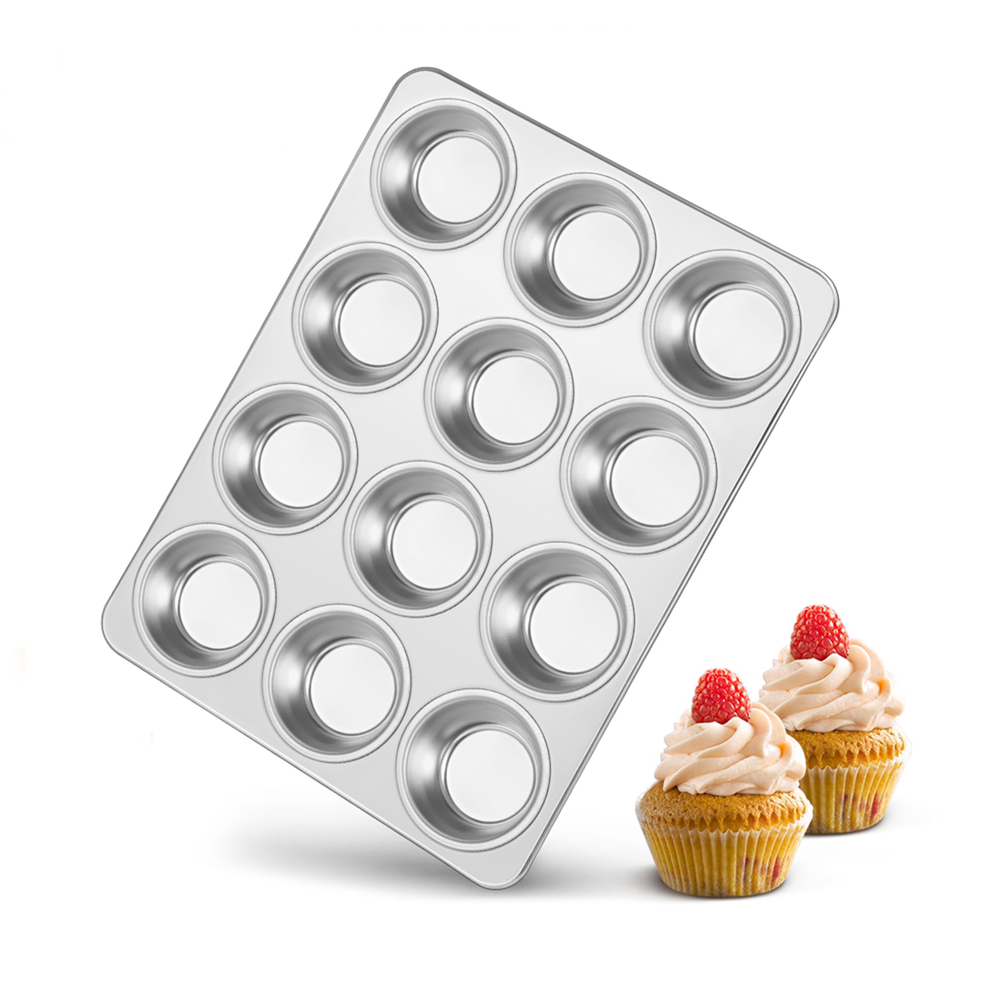 TEAMFAR Stampo per muffin, in acciaio inox, per 12 muffin, 3 cm di profondità, per muffin, cupcake, brownies, dolci, budini, rivestimento atossico, lavabile in lavastoviglie