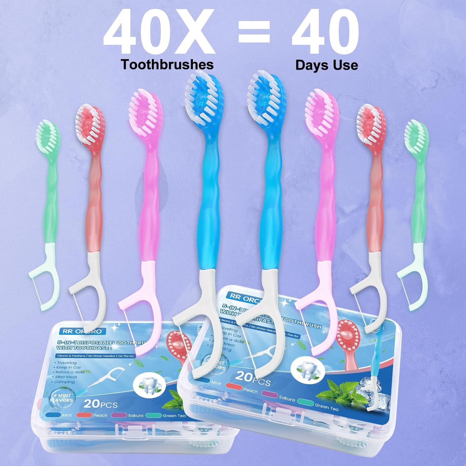40Pack Mini Disposable Toothbrushes 5-in-1 Portable Pre-Pasted Travel Toothbrush with Toothpaste Tongue Scraper Floss Pick Individually Wrapped Box Small Prepasted Travel Toothbrush for Kids Adults