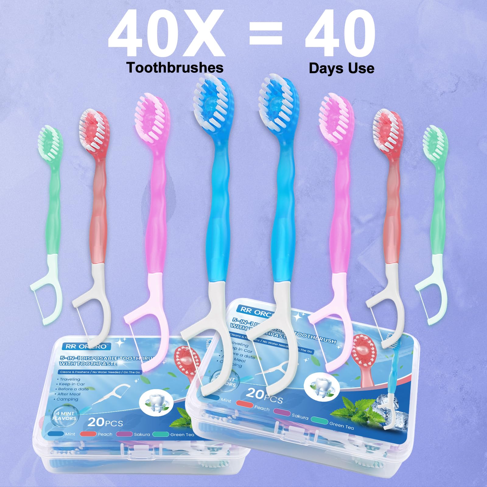 Confezione da 40 spazzolini da denti usa e getta con filo interdentale e | Mini spazzolino da denti da viaggio preincollato 5 in 1 per hotel, campeggio, auto, monouso, portatile