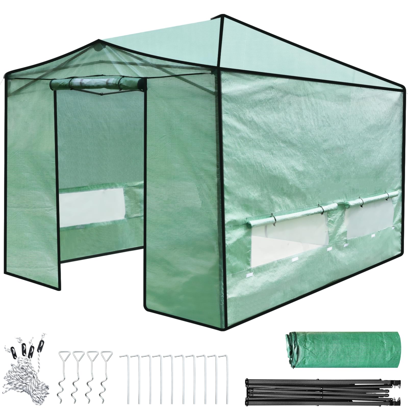 GiantexUK Pop-up Walk In Greenhouse, Adjustable Grow House with PE Cover, 6 Roll up Windows, Zipper Door, Ground Stakes & Ropes, Portable Vegetable Fruit Flower Plant Shed for Outdoor Garden Patio