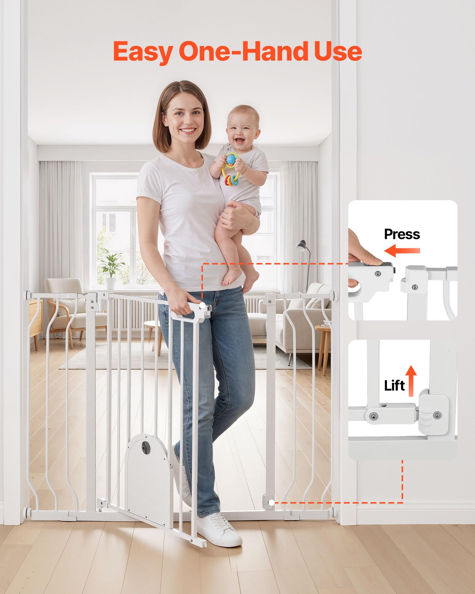 VEVOR Barrera de Seguridad para Niños, Ajustable de 75 a 111 cm, Alto de 76 cm, Valla de Seguridad Infantil con Puerta para Gatos, con Accesorios de Montaje, para Escaleras Puertas Salón, Color Blanco