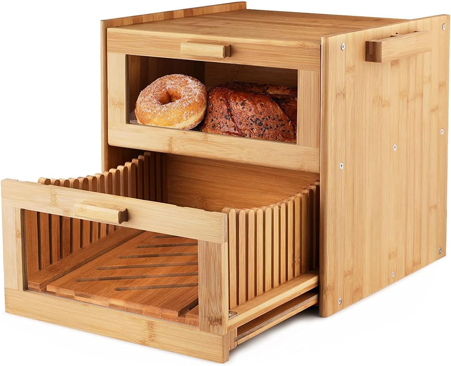 2-in-1-Brotschneider, Bambus, mit transparentem Fenster, multifunktionaler Küchenarbeitsplatten-Organizer und faltbarer Hobel, für die Aufbewahrung zu Hause Küche, Haushalt & Wohnen