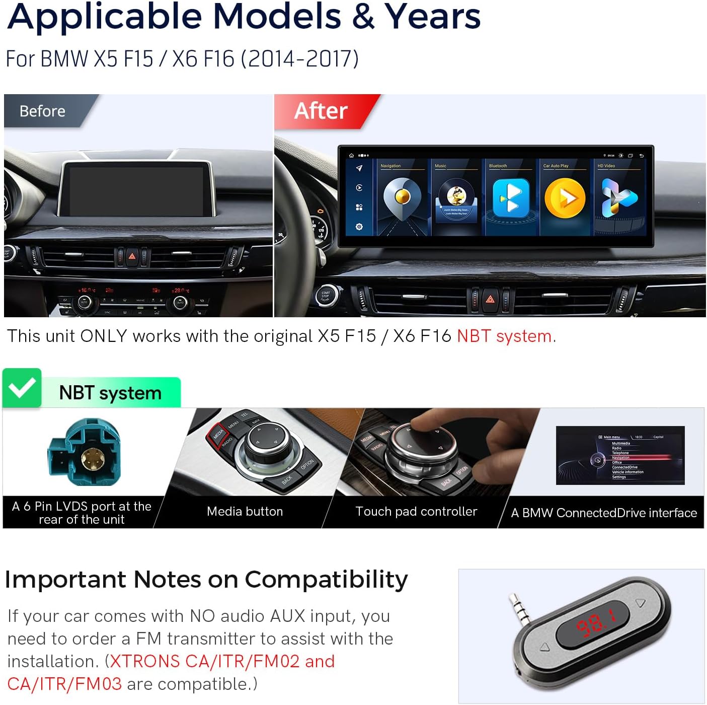 Before and after installation of the XTRONS unit in a BMW X5 F15/X6 F16, highlighting NBT system compatibility