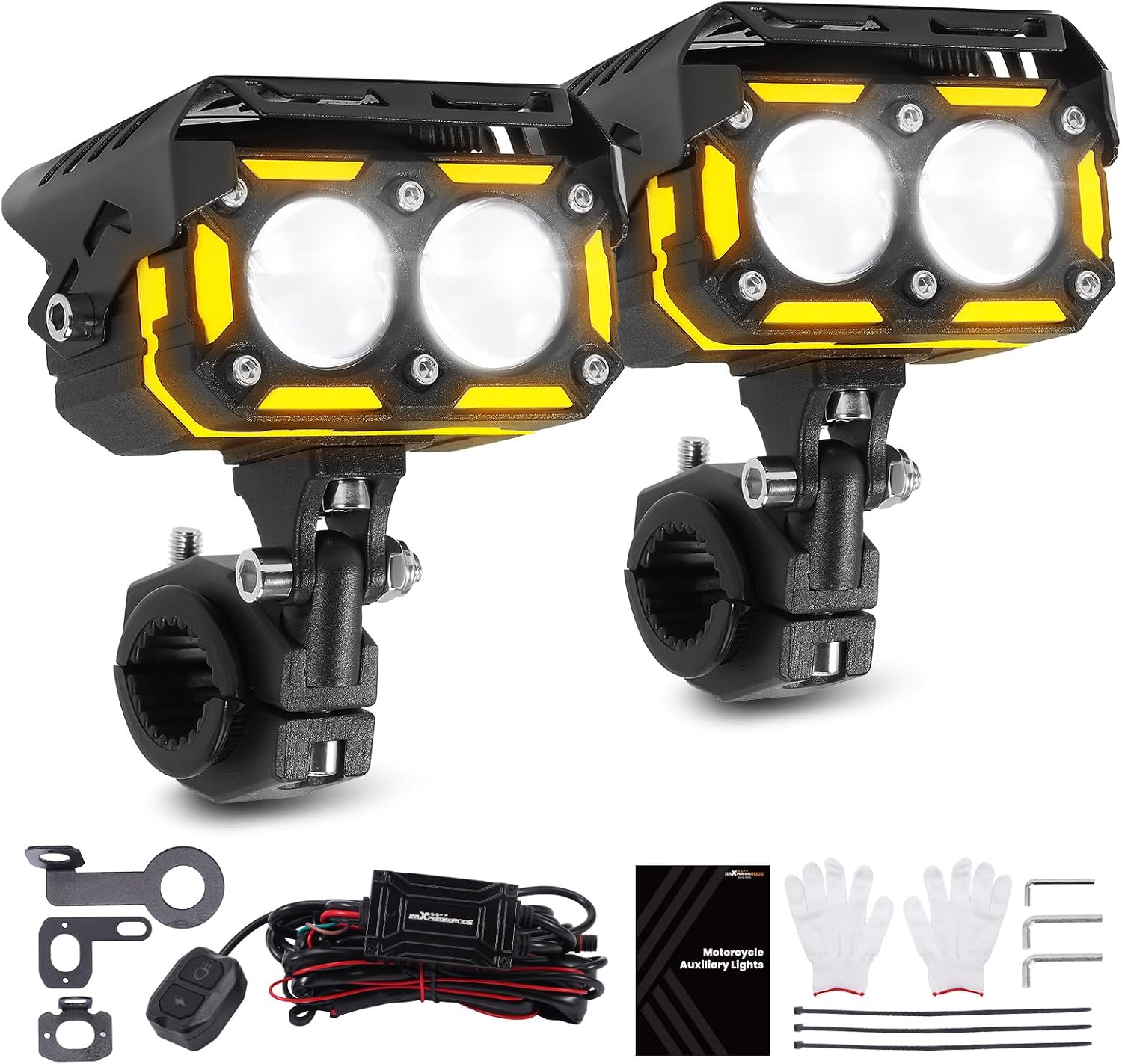maXpeedingrods 2Pcs LED Motorcycle Auxiliary Driving Lights, 16000LM Motorcycle Fog Lights with Amber DRL, High Low Beam Turn Signal, IP67 Waterproof with Wire Harness for ADV Motorcycles ATV UTV SUV