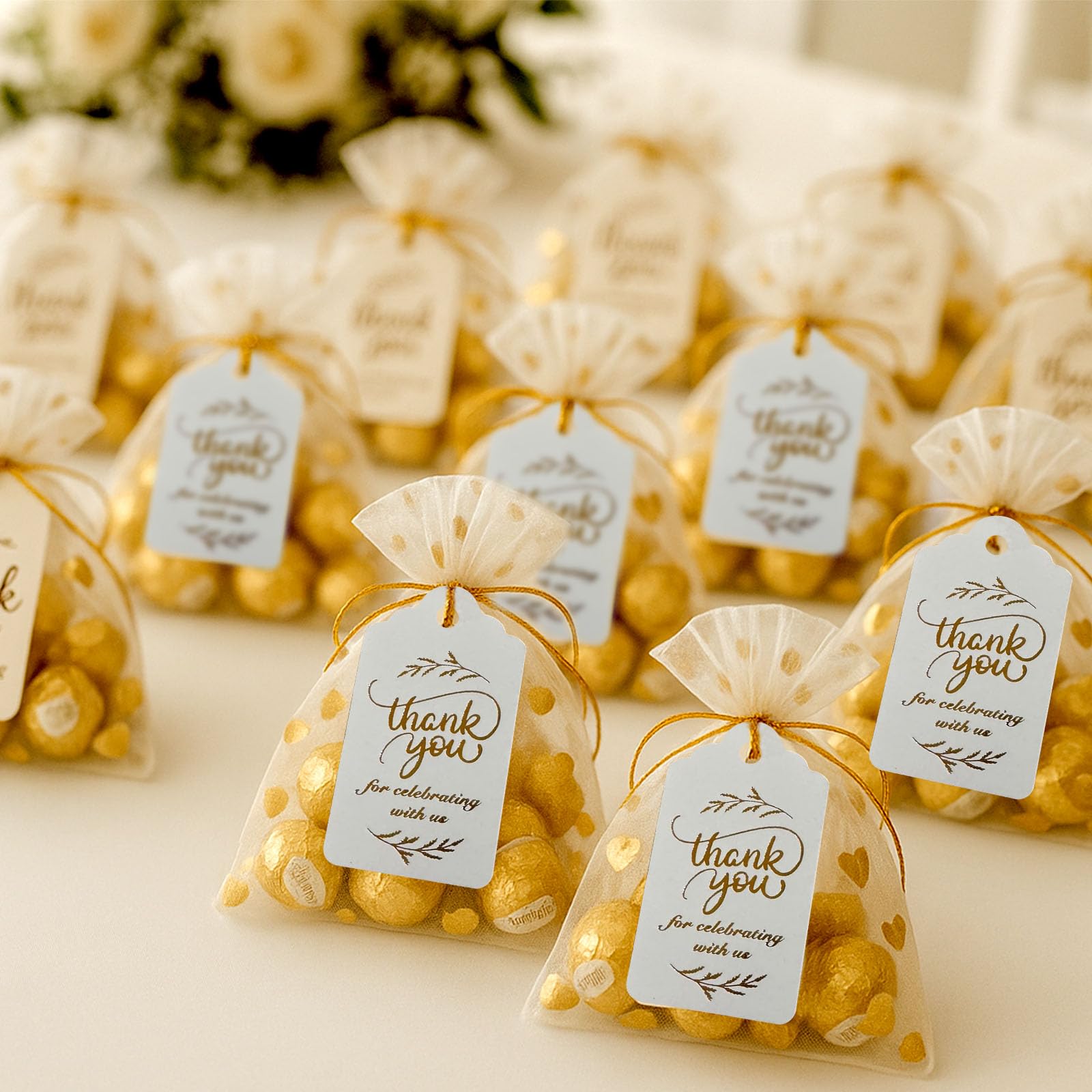 SallyFashion 100PCS Gold Stamp Gift Tags with Strings - White Paper Tags Hanging Labels for Wedding, Bridal Party, Baby Shower, Invitation, Thanksgiving