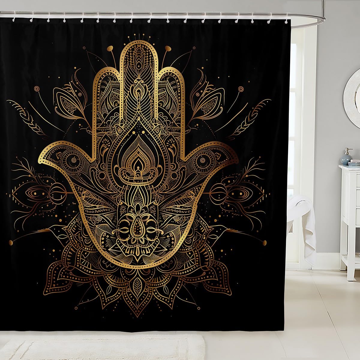 Gold Hamsa Hand Shower Curtains,Black Gold Mandala Bathroom Curtains for Kids Teens Boys,Boho Lucky Hand of Fatima Waterproof Bath Curtains,with 12