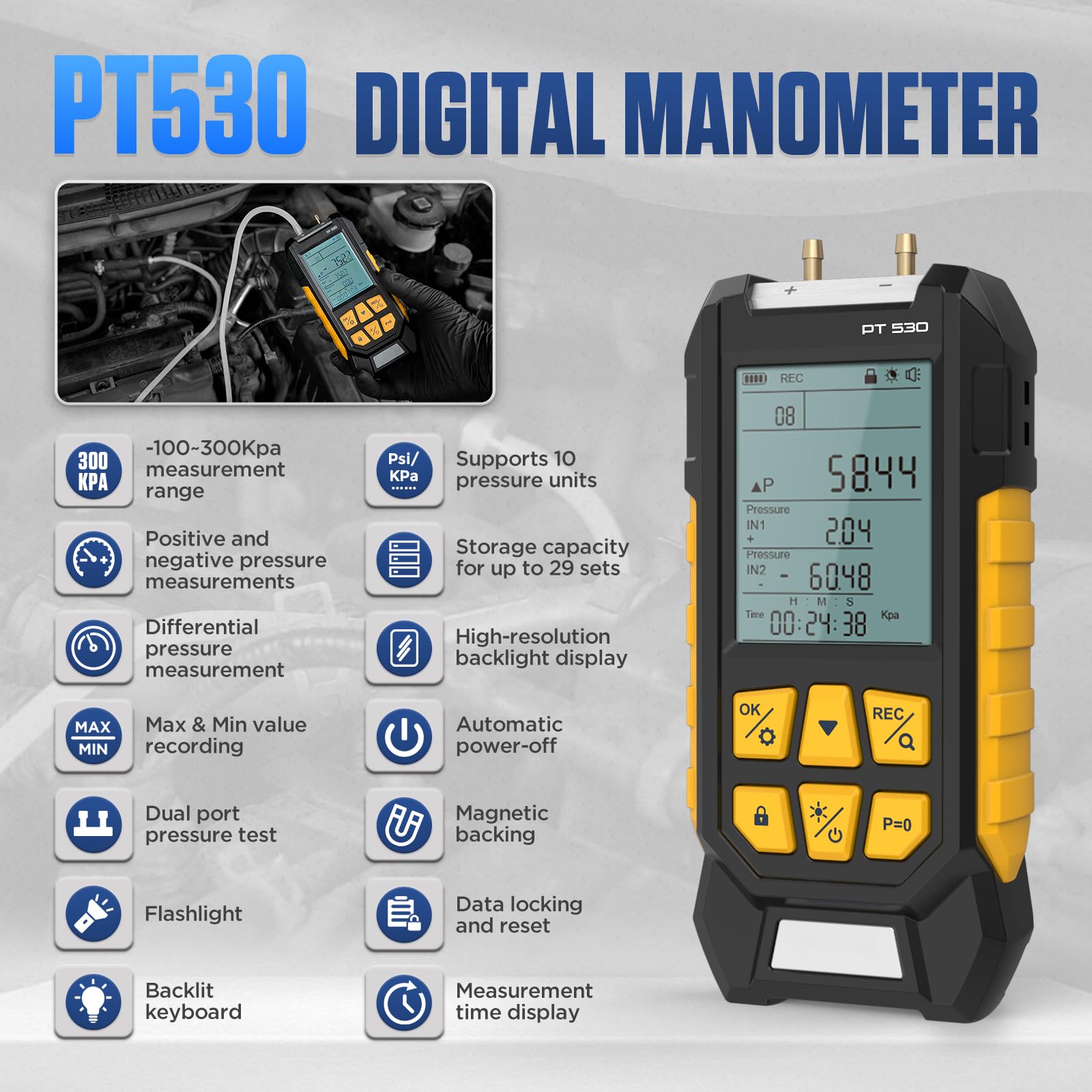 PT530 Manometer-Gasdruckprüfer -100 bis 300 Kpa Digitales Dual-Port-Feldmanometer HVAC 10 Einheiten 7 Adapter, Datensperre und -speicherung Display mit Hintergrundbeleuchtung