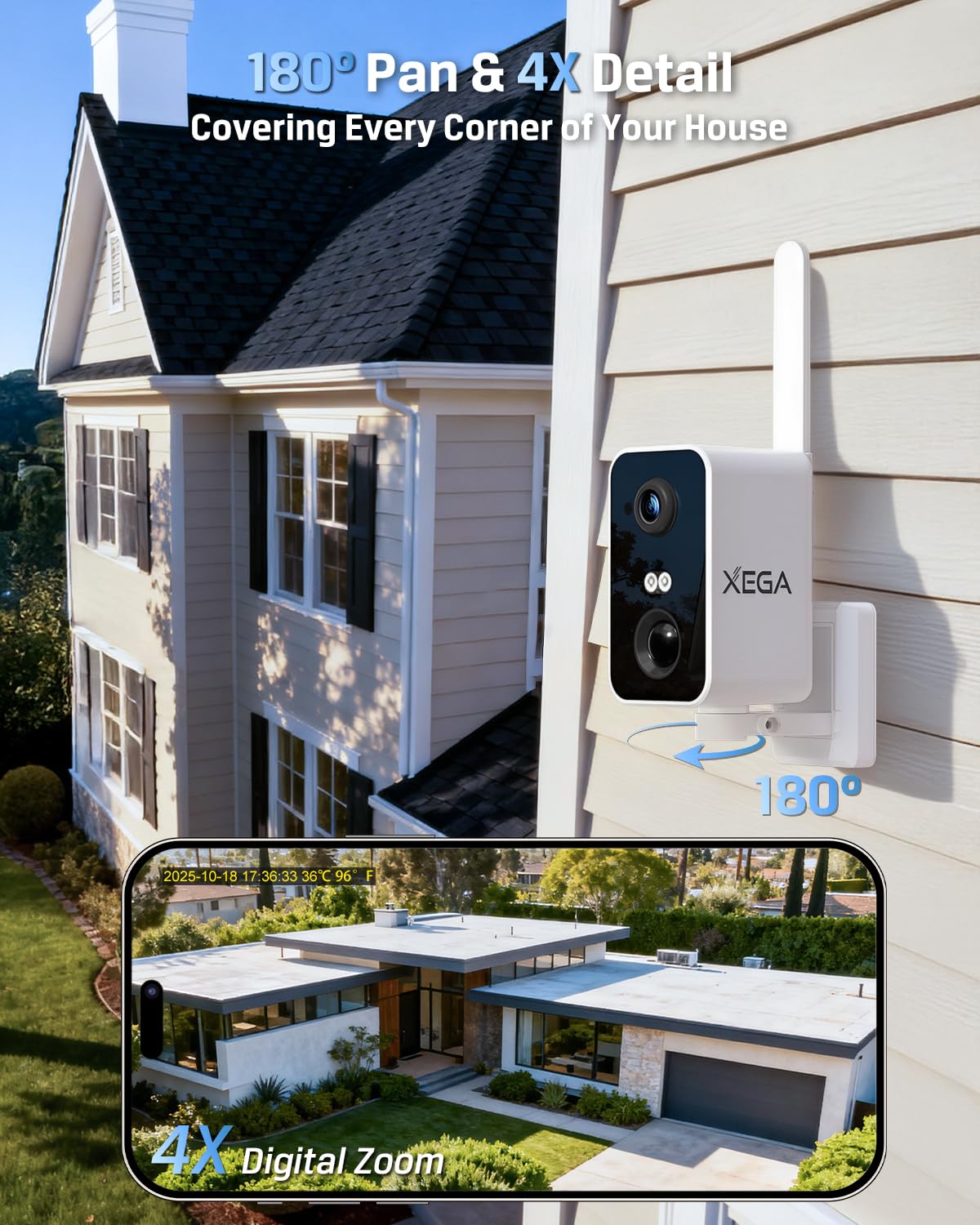 Xega Cámara Vigilancia 4G LTE Portátil con Tarjeta SIM Interior y Exterior | 10000mAh, detección PIR personas, visión nocturna color, audio bidireccional, TF/Cloud, IP66