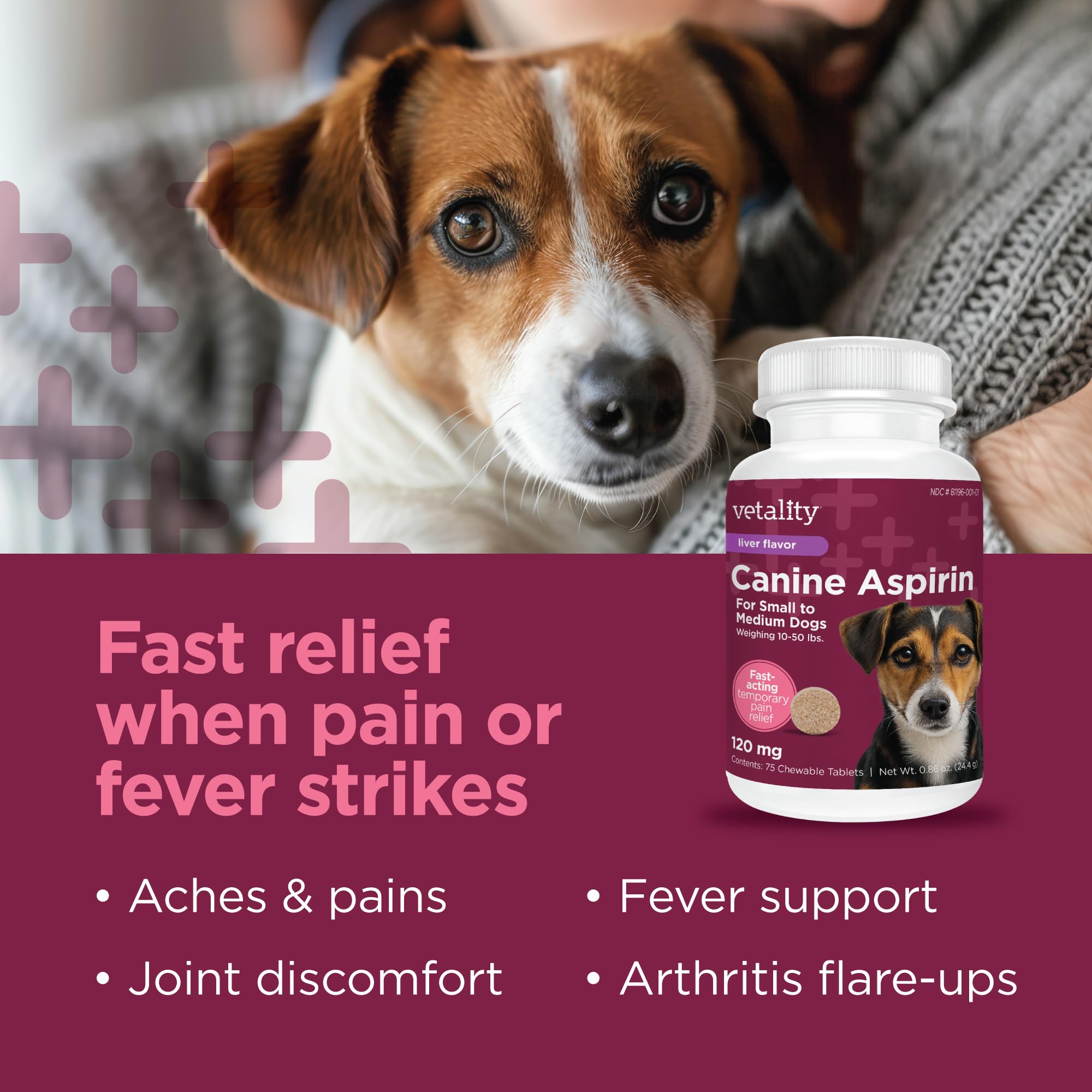 Vetality Aspirina canina para perros | Alivio rápido del dolor | Perros pequeños a medianos | Sabor de hígado | 75 tabletas masticables