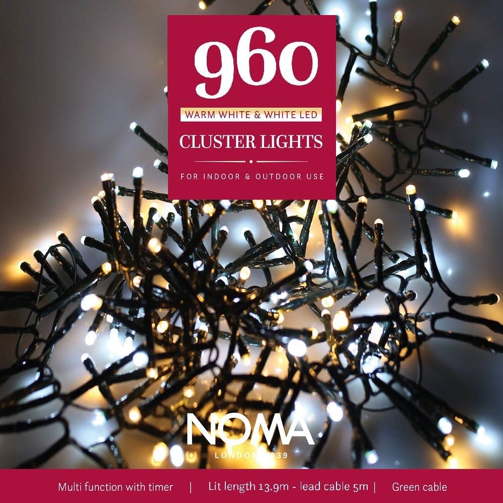 Noma White Mix 960 Led Cluster Christmas Tree Lights : Green Cable : Multifunction : Plug-In With Timer : Bright White/Warm : 4921713