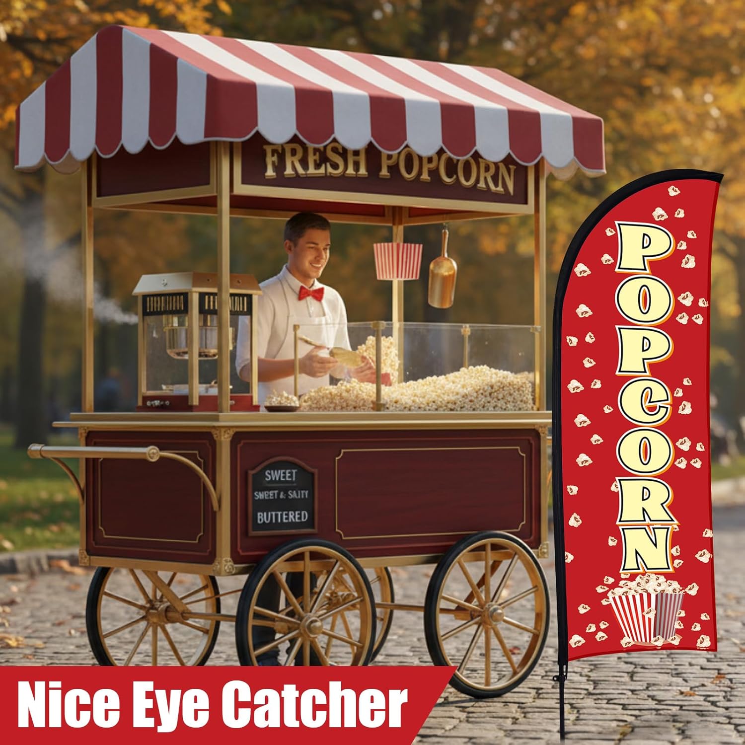 Buryeah 2 Sets Popcorn Feather Flag Pole Kit for Business Advertising 7 ft Fresh Popcorn Swooper Flag Banner Sign with Flagpole Ground Stake Portable Bag for Restaurants Food Trucks Events