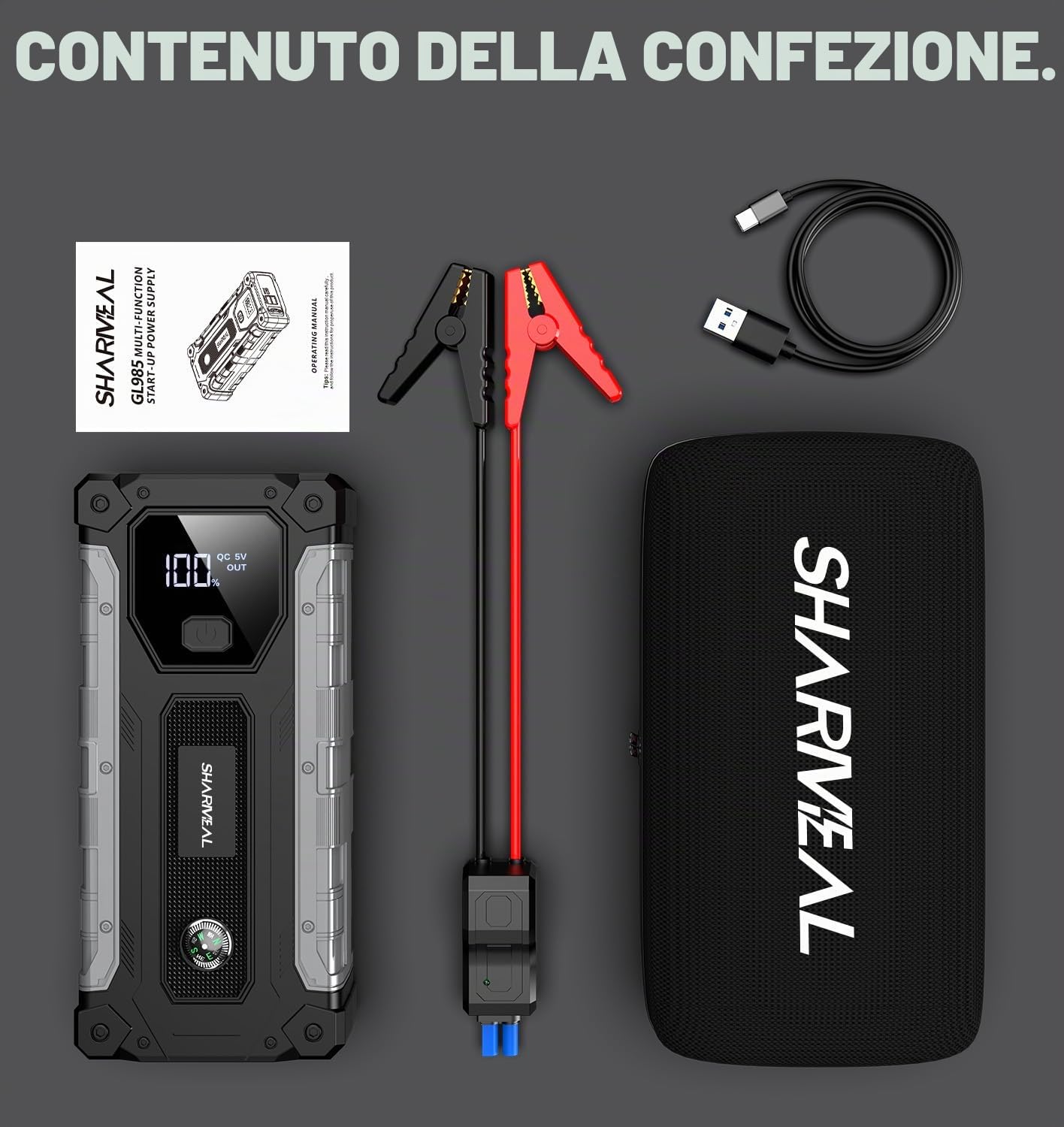 SHARMEAL Avviatore Batteria Auto 10000A, Avviatore di Emergenza per Auto per Motori Tutti Benzina e 10.0L Diesel, Portatile 12V Booster Avviamento con Torcia, Cavo di Avviamento, Ricarica USB
