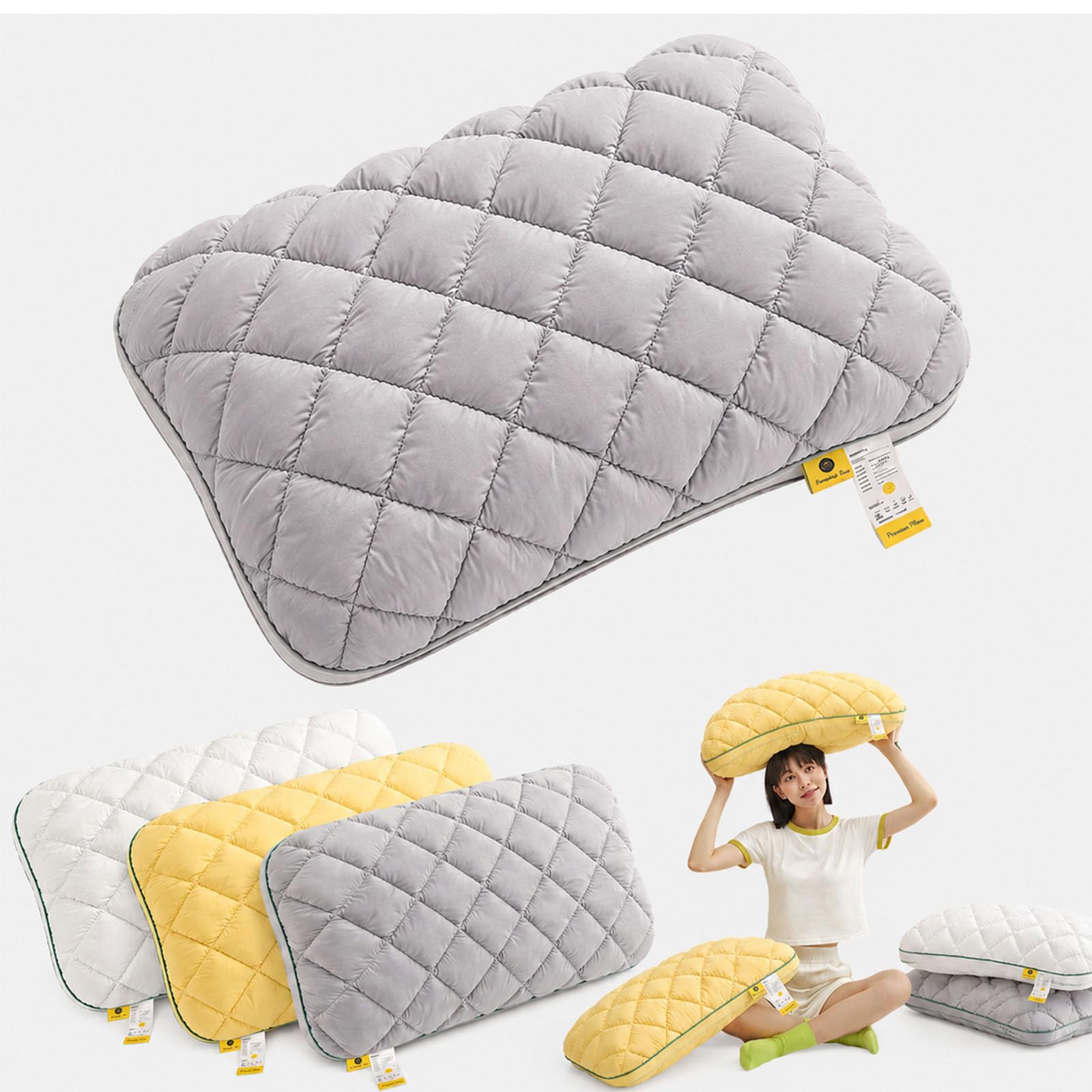 Jeeeun Marshmallow Pillow, Cooling Marshmallow Puff Pillow for Side and Back Sleepers, Breathable High Resilience Support, Fluffy Washable (Gray,Low Pillow)