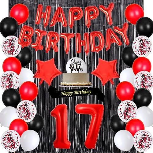 Decoraciones rojas de cumpleaños número 17, pancarta de feliz cumpleaños, banda de felicitación a los 17 años, decoración de pastel número 17,