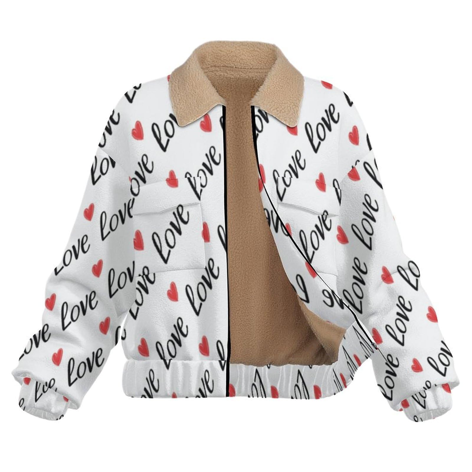Giacca in Pile Caldi da Donna, Semplice Moda con Stampa a Amore Cuore, Invernale, a Maniche Lunghe, con Chiusura Lampo, Spessa, Comoda, con Tasche