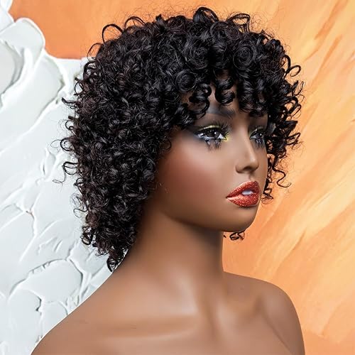 Miniatura 7 de Peluca afro corta y rizada 100% sin procesar, cabello humano virgen brasileño, sin pegamento, para mujeres negras, densidad del 150%, 12 pulgadas,