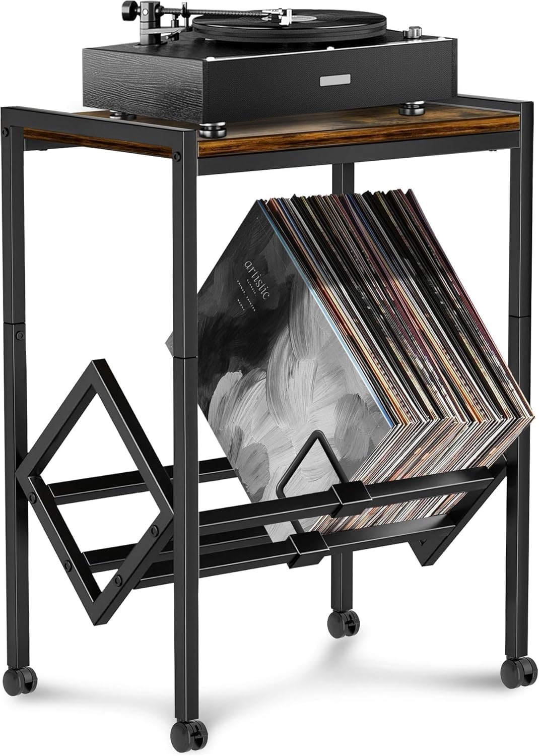 OGFC 25031 Space saving Record Player Stand, Vinyl Record Storage Cabinet with 2-Tier Storage 80-100 LP, Metal Vinyl Record Turntable Stand Record Player Table with Wheels for Albums-image-26