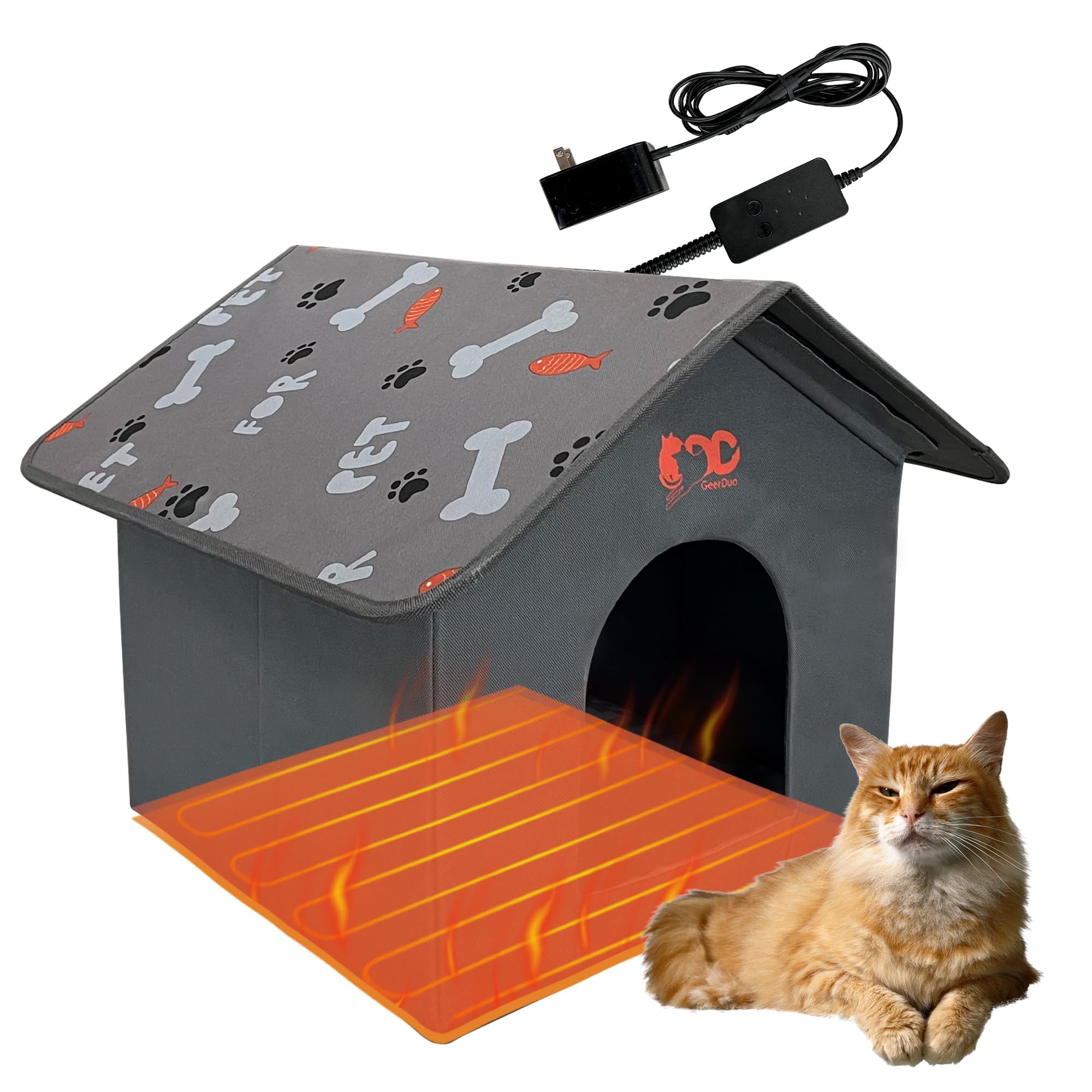 Heated Cat House, Indoor Outdoor Dog House with 3 Adjustable Temperature, Pressure Activated, Chew-Resistant Cord, Warm Shelter for Cats & Small Dogs