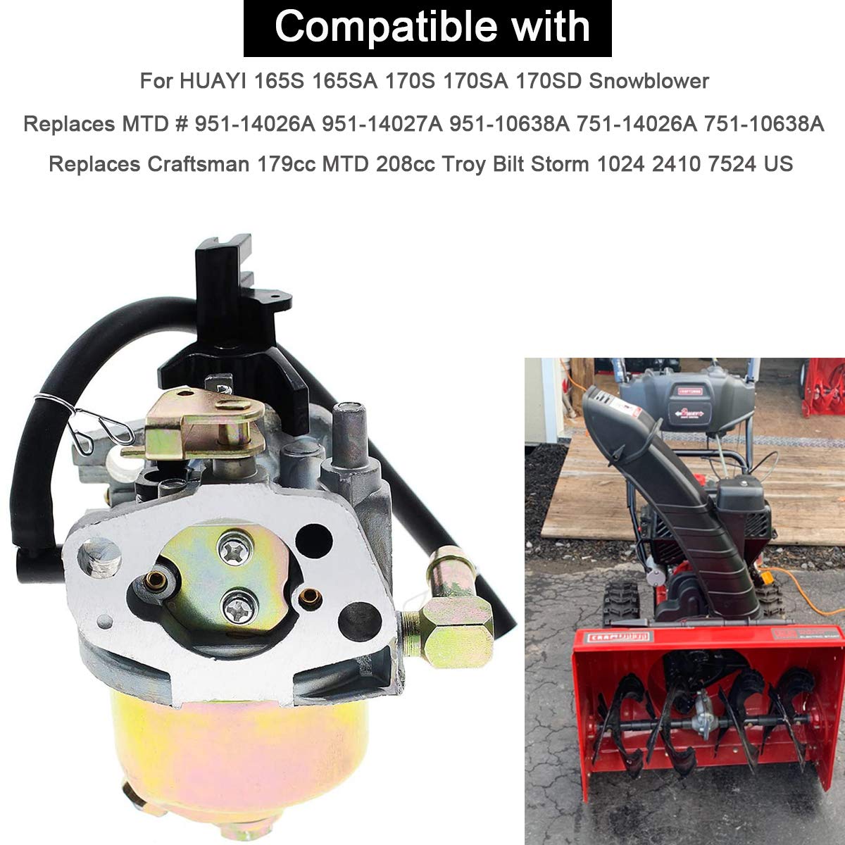 ZAMDOE Carburador 170SA para Huayi 170S 170SA 170SD 165S 165SA para MTD 951-10368 951-10638A 751-10638 751-10638A 951-14026A 951-14027A soplador de Nieve, con línea de Combustible