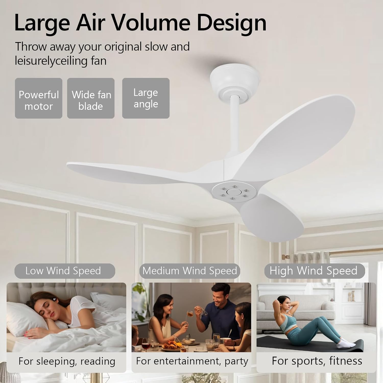 KBZZ 36 Inch White Modern Ceiling Fan, 3 ABS Blades, 6 Speeds, Reversible DC Motor, Remote Control with Timer, Indoor/Outdoor Use