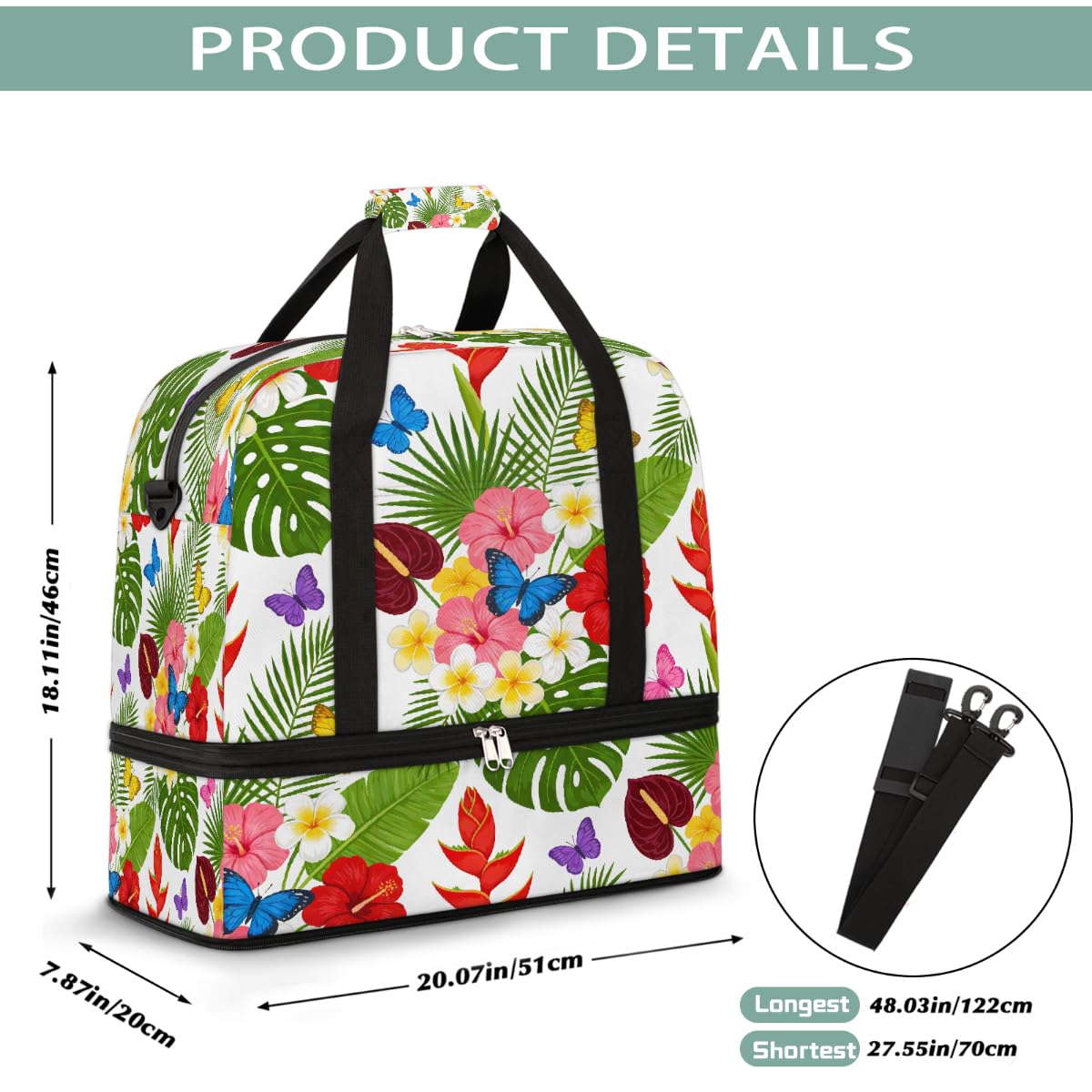 Borsone da viaggio pieghevole con motivo floreale tropicale e farfalla, borsa da palestra espandibile con scomparto per scarpe, borsa da weekend di grande capacità, borsa da portare con sé, per viaggi
