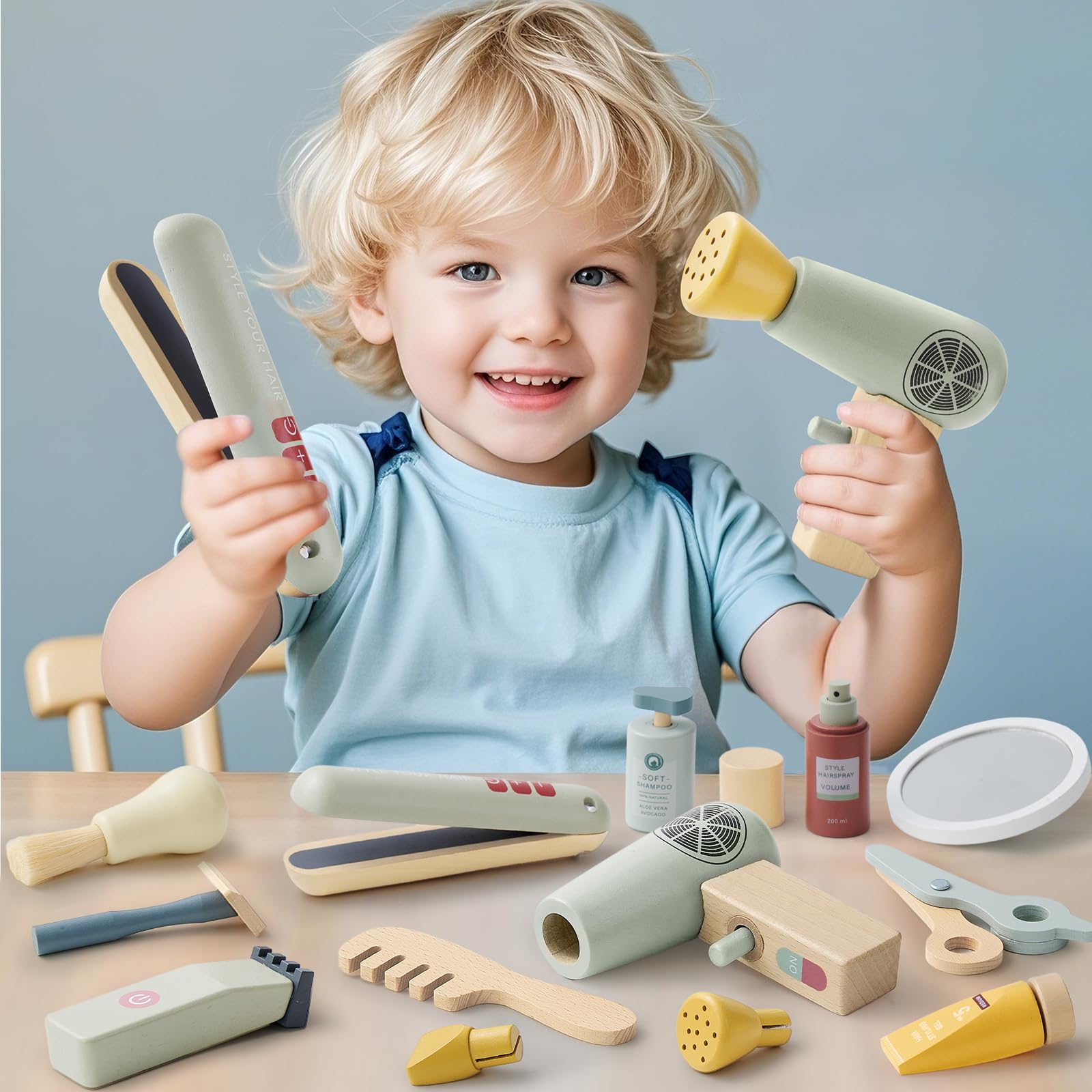 Atoylink Set Coiffure Enfant en Bois avec Accessoires de Coiffure et de Rasage pour Garons 3-8 Ans